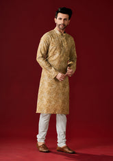Ensemble pyjama Kurta en coton imprimé beige foncé pour homme